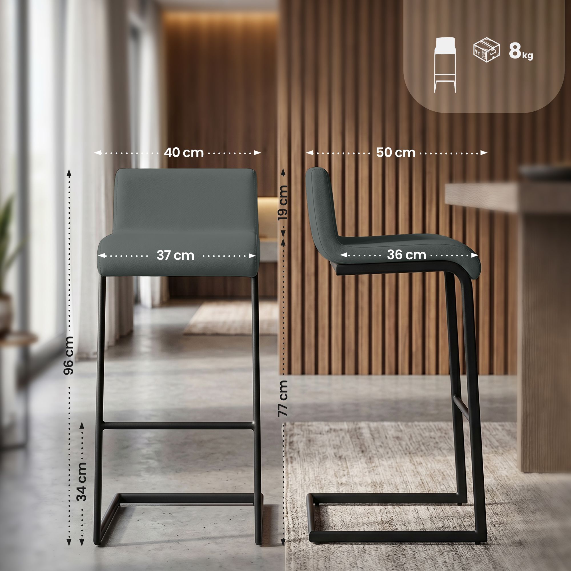 Barstolar Newport, set om 2, med svart metallstomme