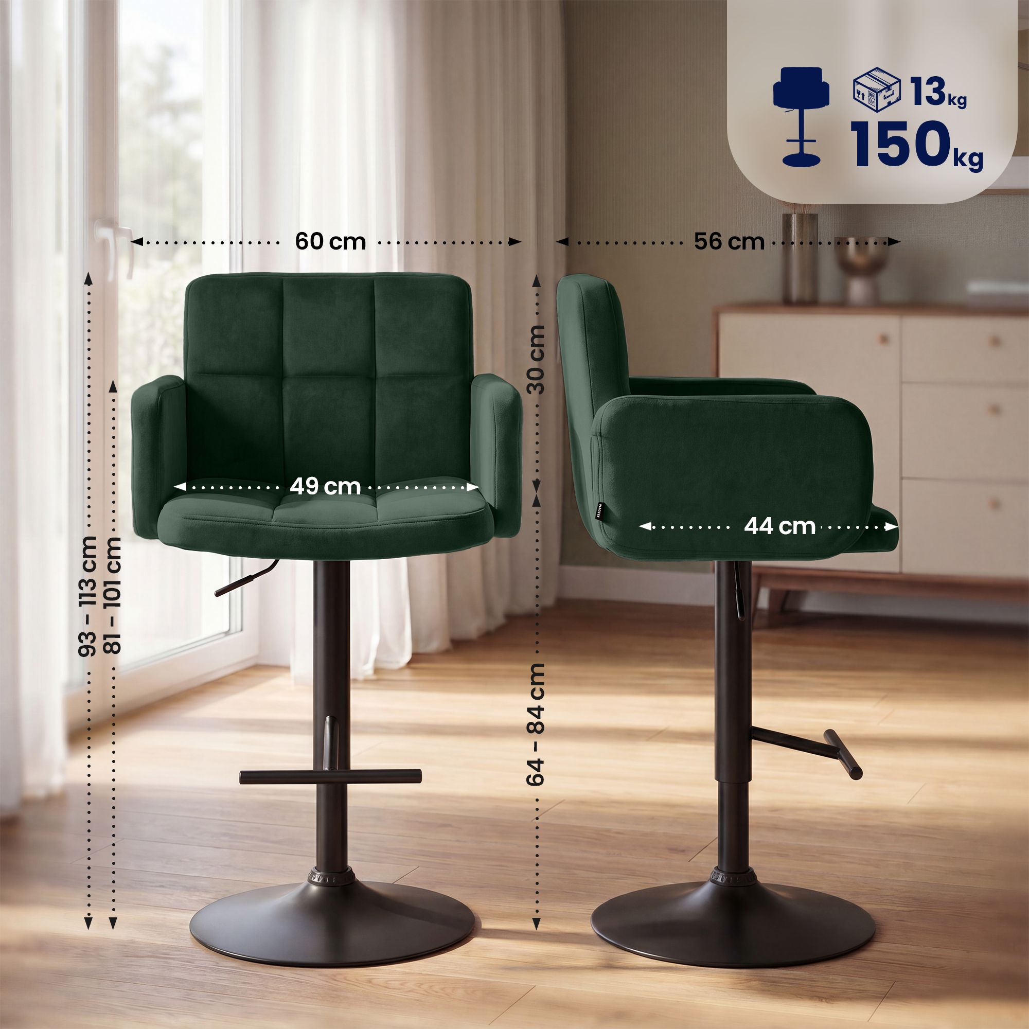 2-pack barstolar Los Angeles i sammet &ndash; snygg design och bekväm sitthöjd för kök och bar