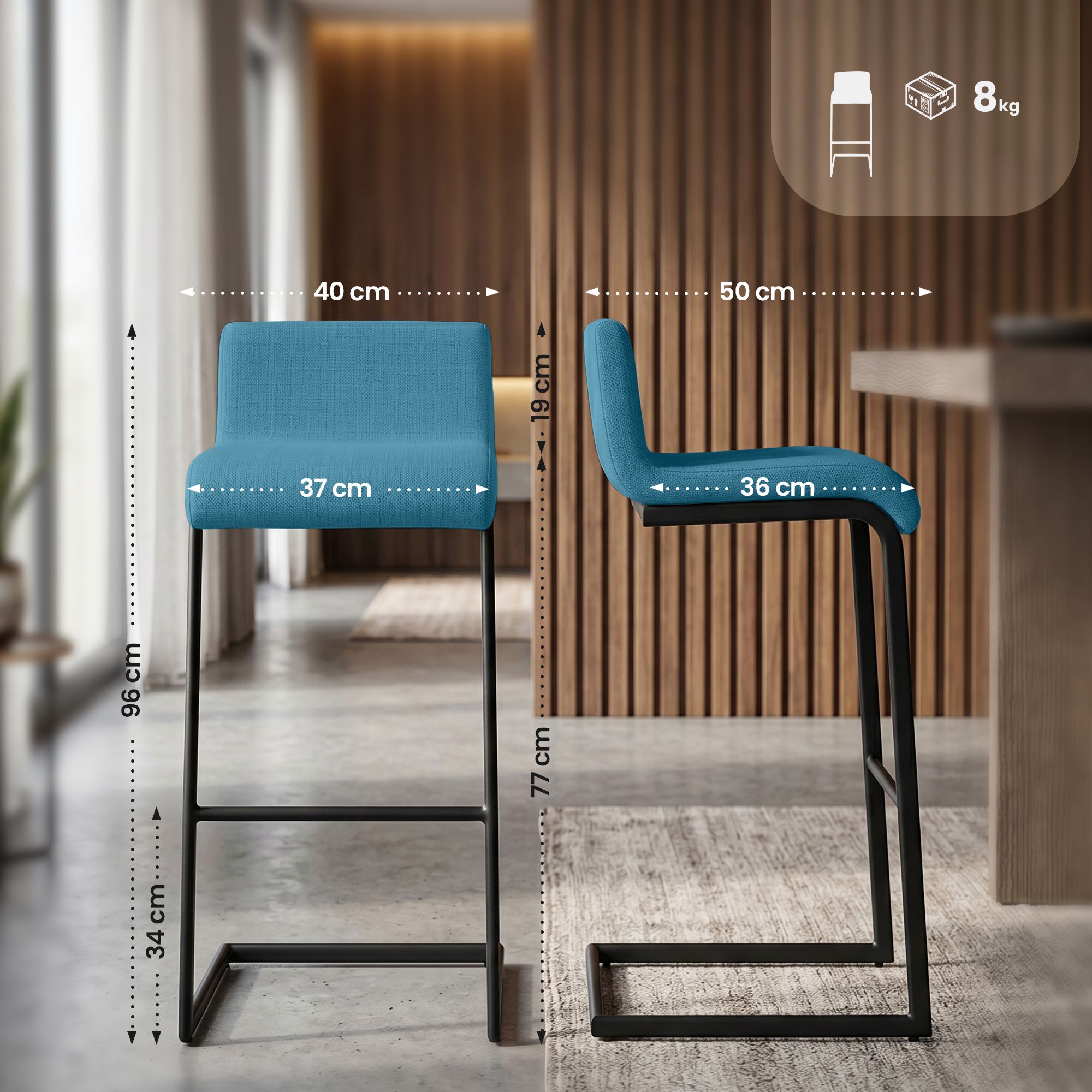 Barstolar Newport, set om 2, med svart metallstomme