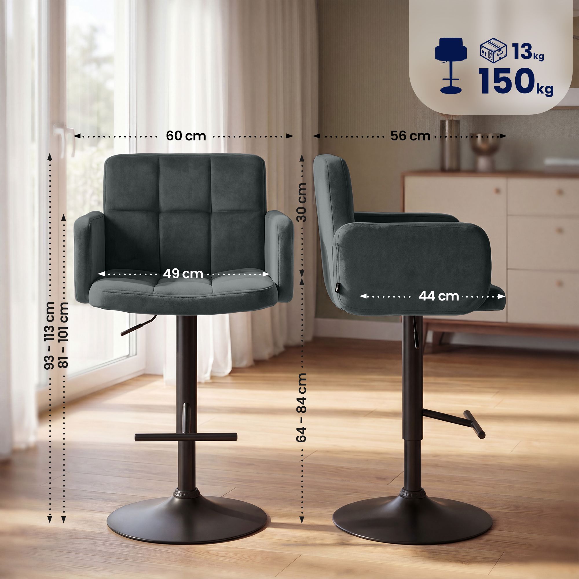 2-pack barstolar Los Angeles i sammet &ndash; snygg design och bekväm sitthöjd för kök och bar