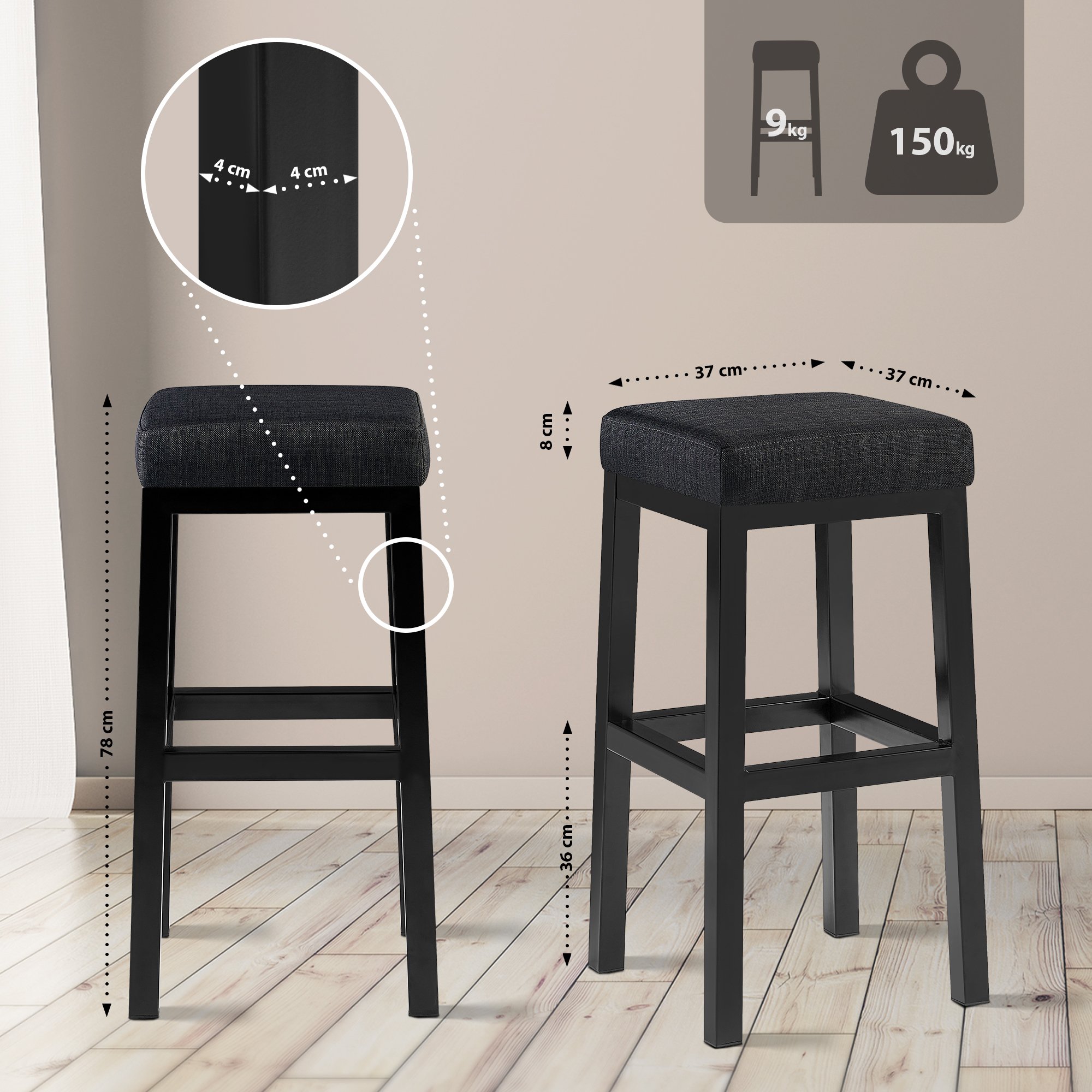 Barstol Taylor tygklädsel sitthöjd 78 cm metallram svart