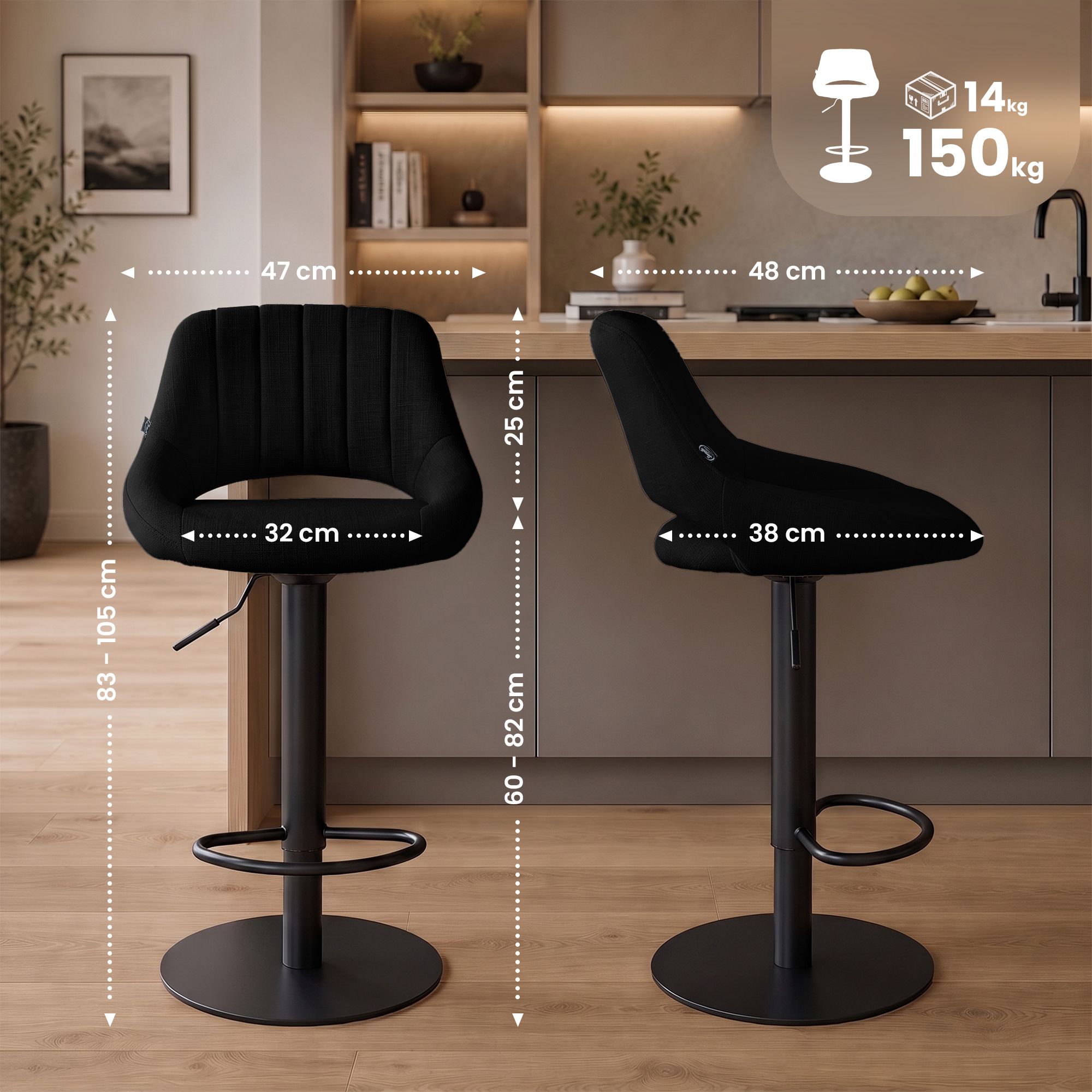2-pack barstolar Milet svart med extra tunga fotplattor