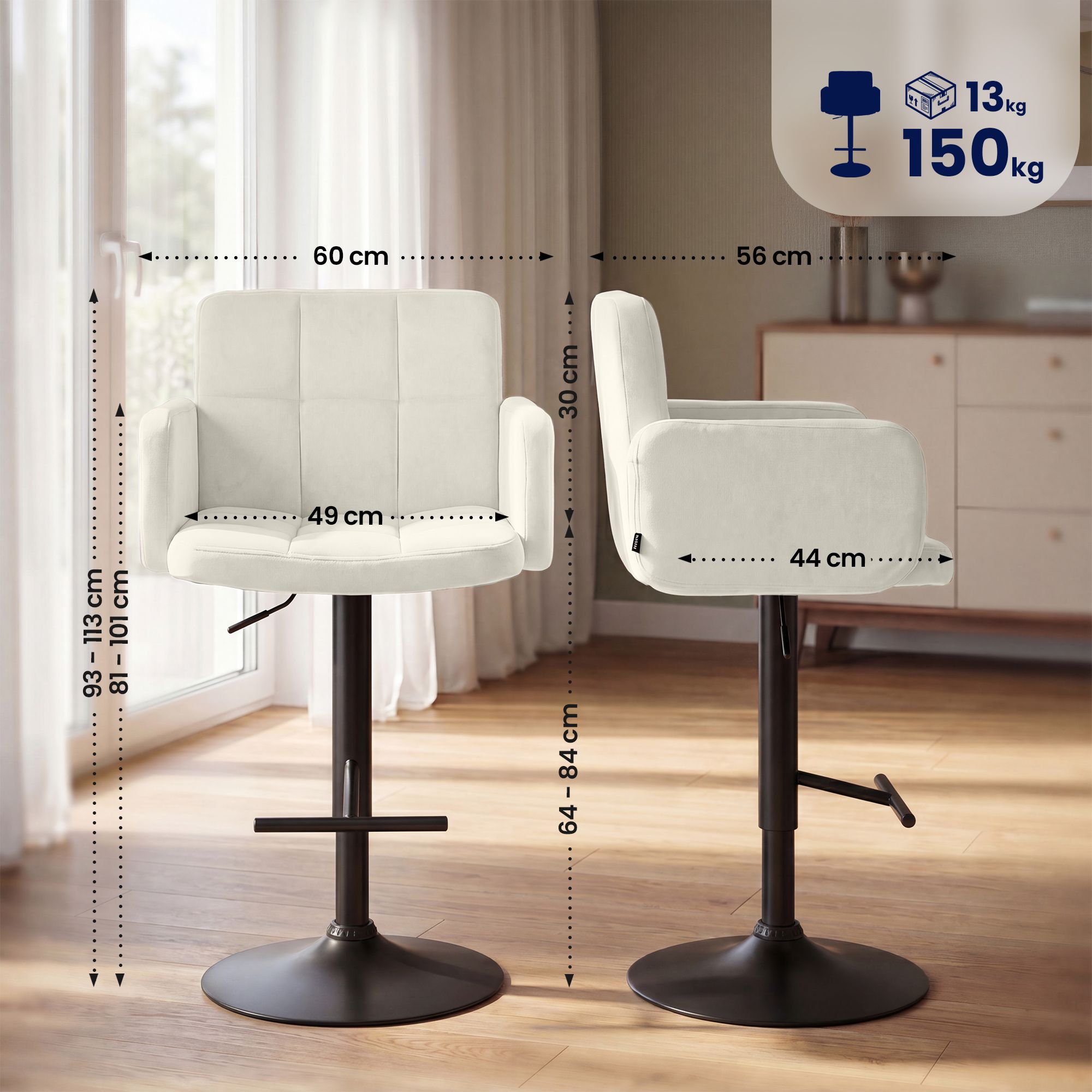 2-pack barstolar Los Angeles i sammet &ndash; snygg design och bekväm sitthöjd för kök och bar