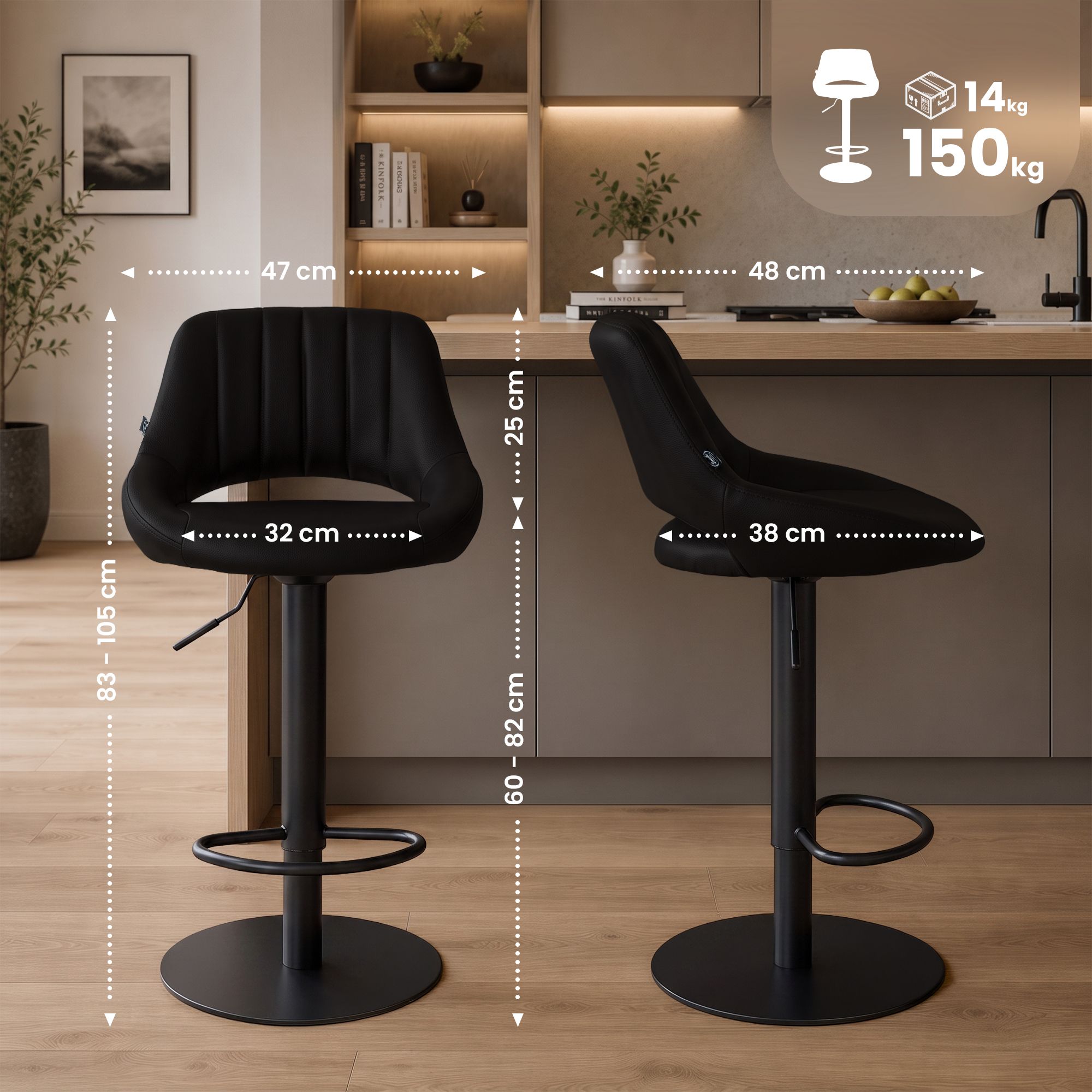 2-pack barstolar Milet svart med extra tunga fotplattor