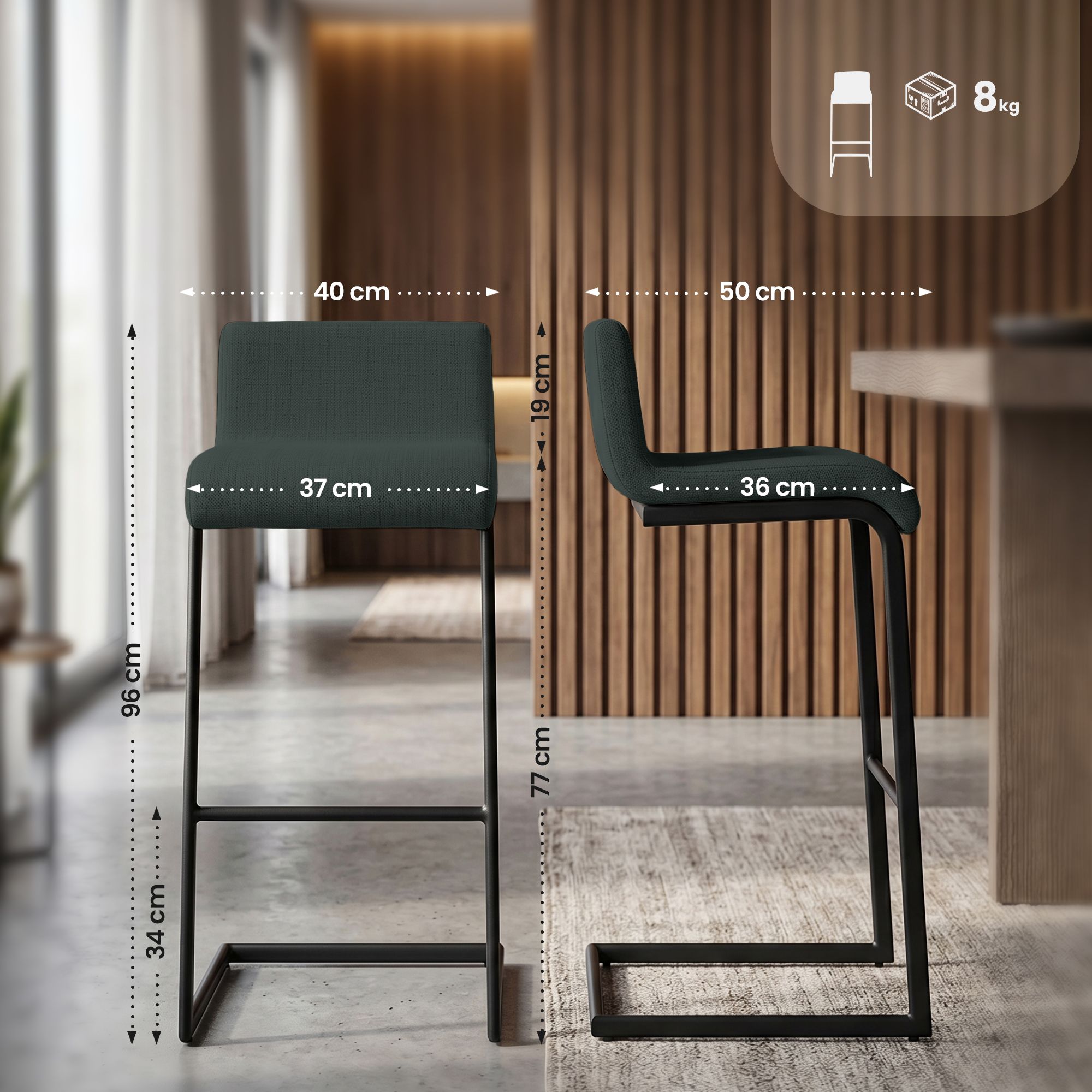 Barstolar Newport, set om 2, med svart metallstomme