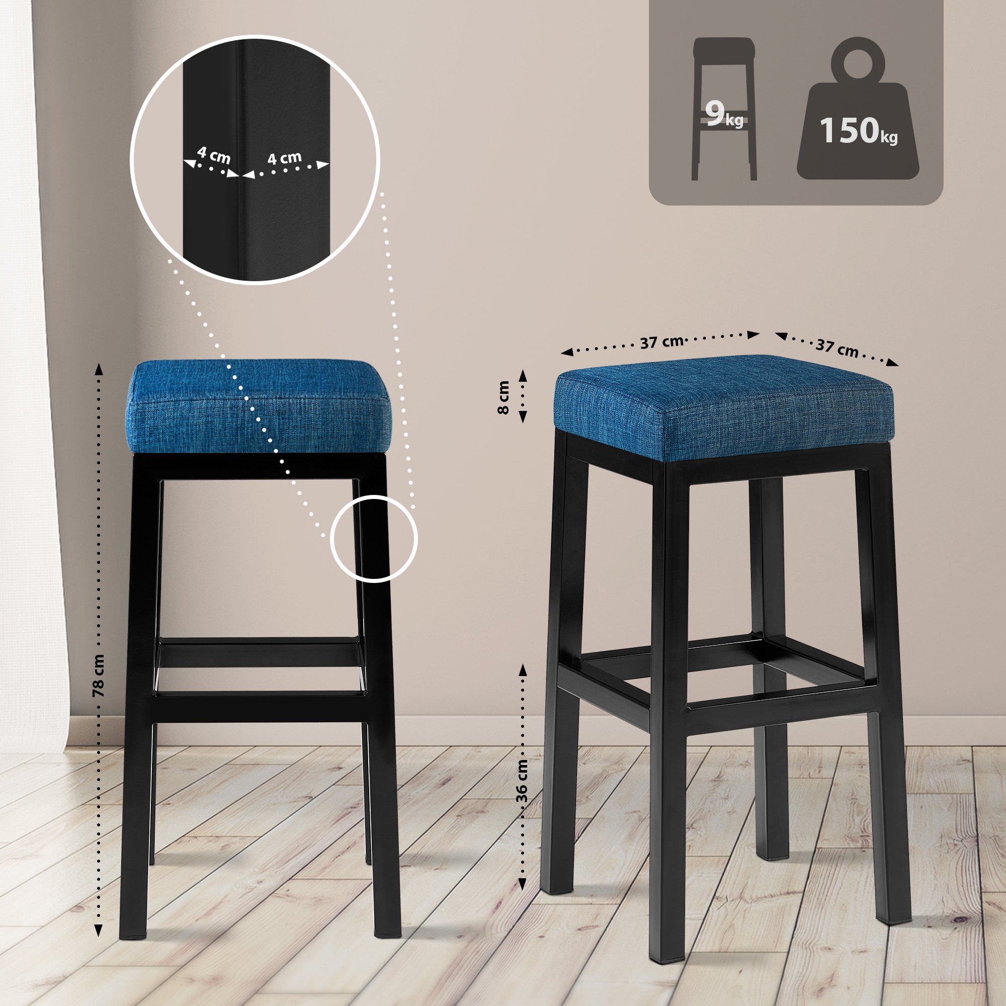 Barstol Taylor tygklädsel sitthöjd 78 cm metallram svart