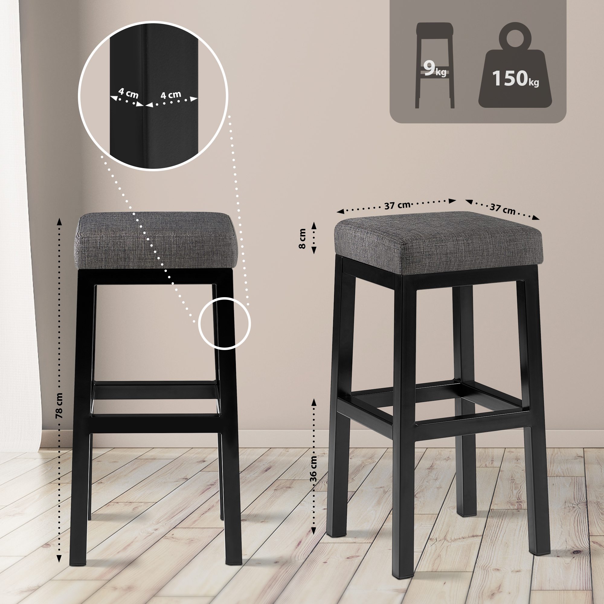 Barstol Taylor tygklädsel sitthöjd 78 cm metallram svart