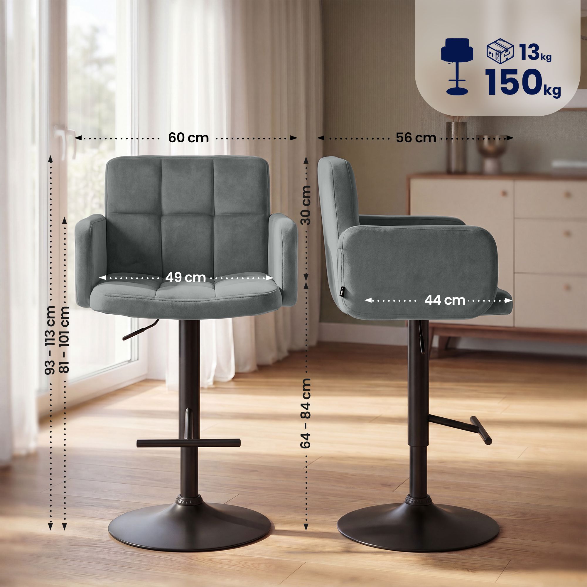 2-pack barstolar Los Angeles i sammet &ndash; snygg design och bekväm sitthöjd för kök och bar