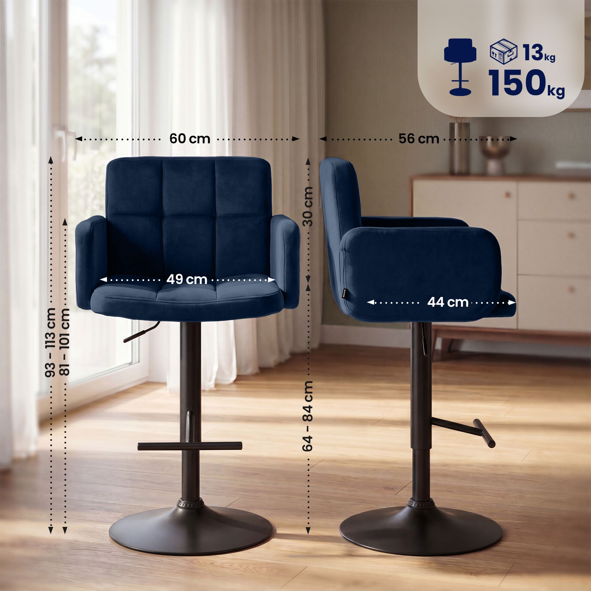 2-pack barstolar Los Angeles i sammet &ndash; snygg design och bekväm sitthöjd för kök och bar