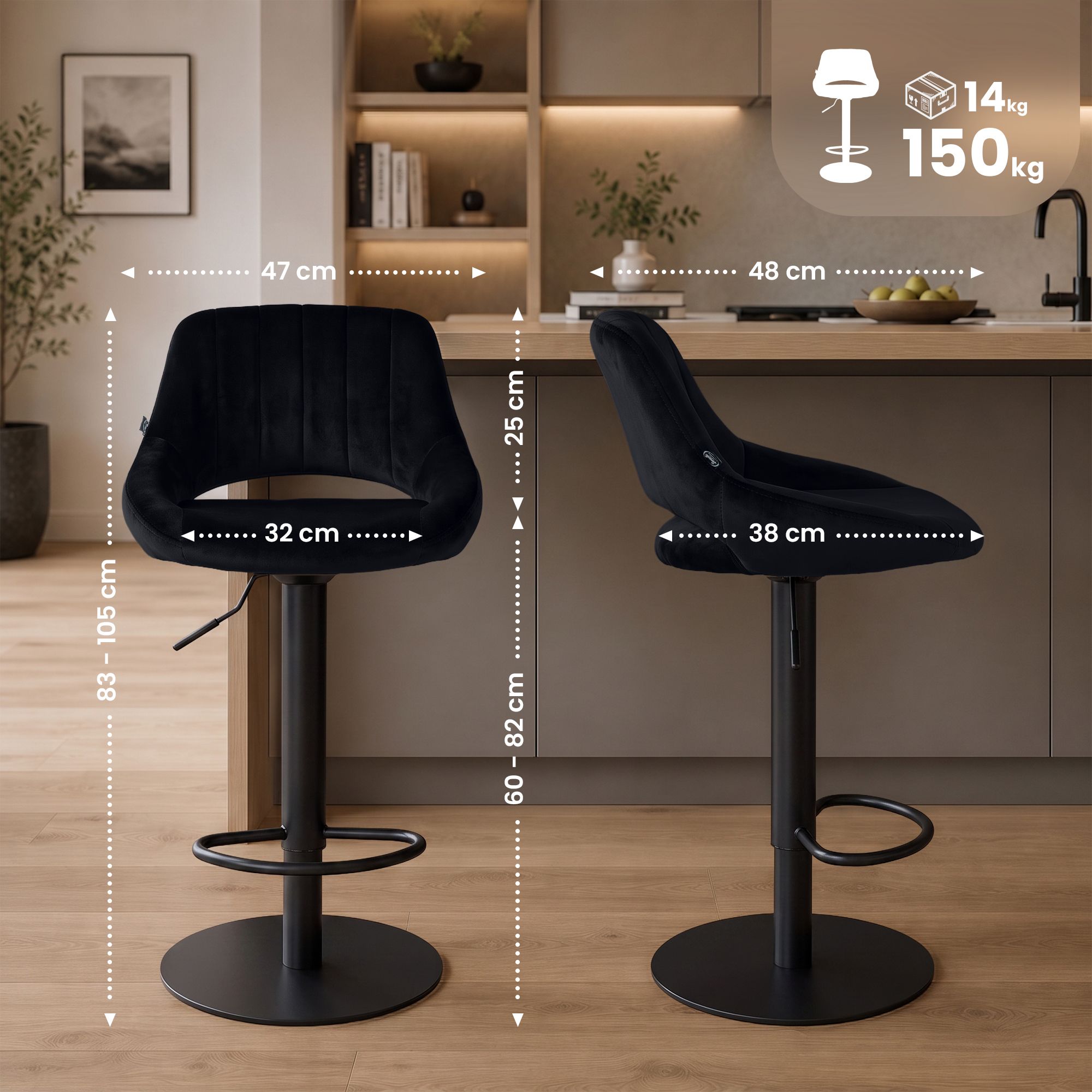 2-pack barstolar Milet svart med extra tunga fotplattor