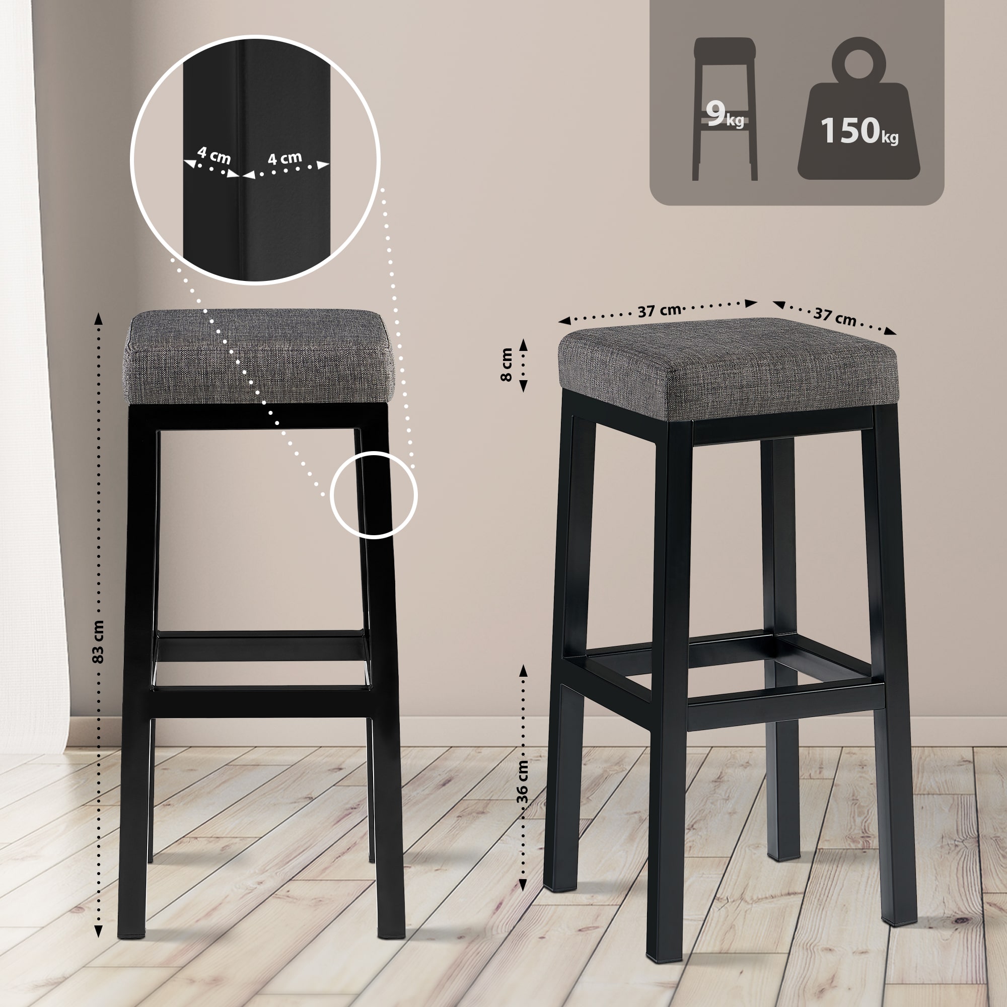 Barstol Taylor sitthöjd 83 cm metallstativ svart