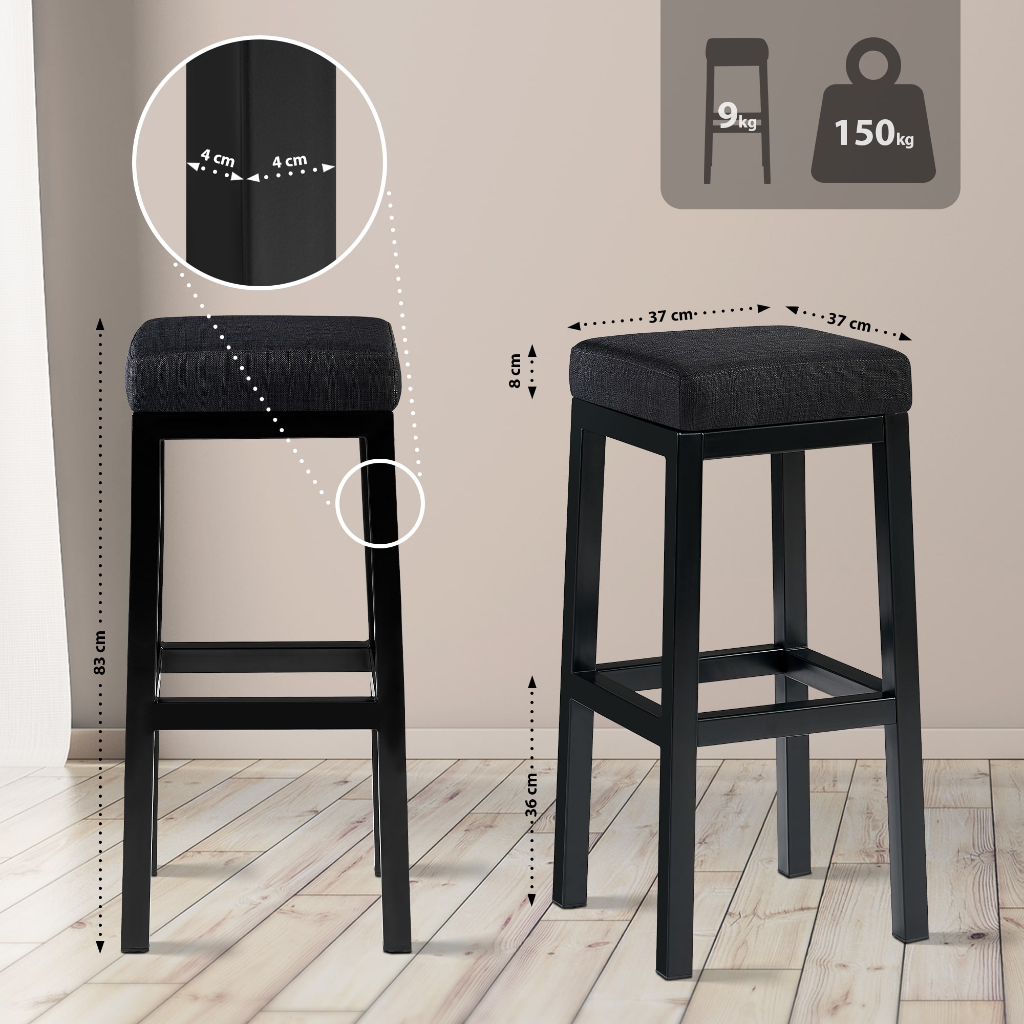 Barstol Taylor sitthöjd 83 cm metallstativ svart